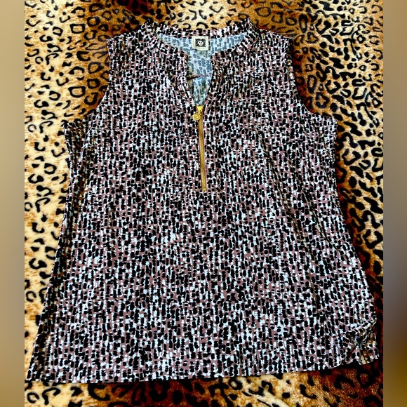 Anne Klein Printed Brown Black White Sleeveless Blouse with Zipper Front Size S - Picture 1 of 5